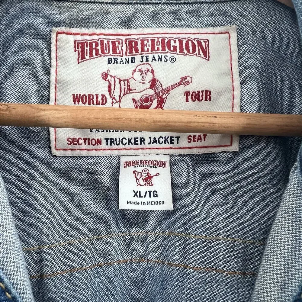 True Religion Monogram Blue Denim Trucker Jacket Mens Size XL
